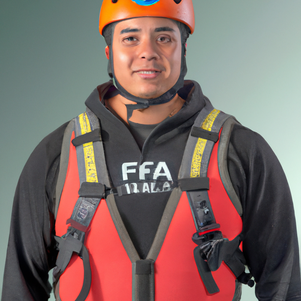Retrato de instructor peruano de seguridad en campo con casco y chaleco