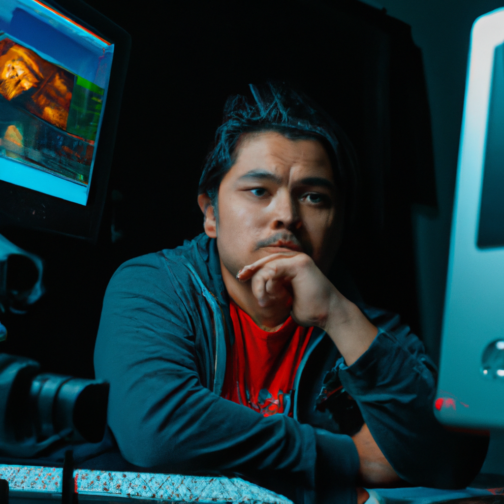 Retrato de editor fotográfico peruano en estudio con monitores