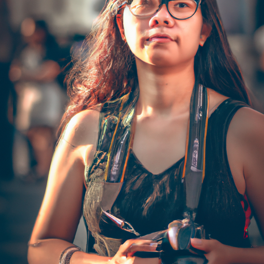 Retrato de fotoperiodista peruana con cámara, luz natural
